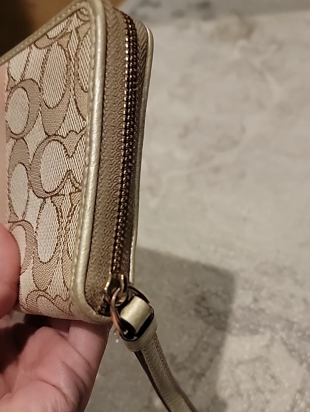 Coach Dempsey Beige and Pink Signature Zip Wallet With Leather Logo Patch